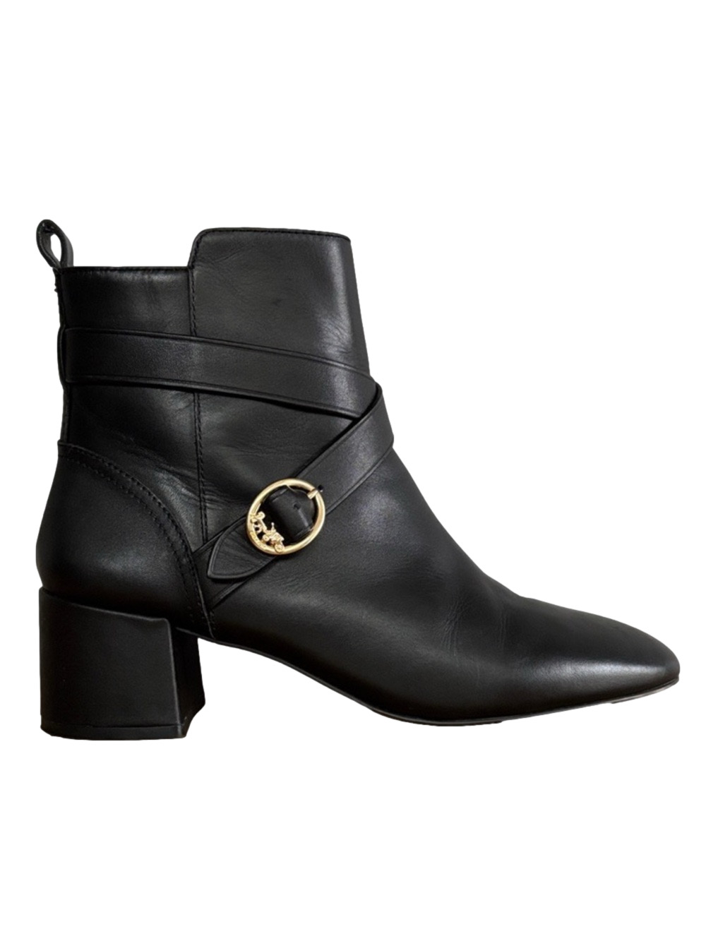 Coach Nadia Black Leather Ankle Boots Horse Carriage Buckle Block Heel 9.5